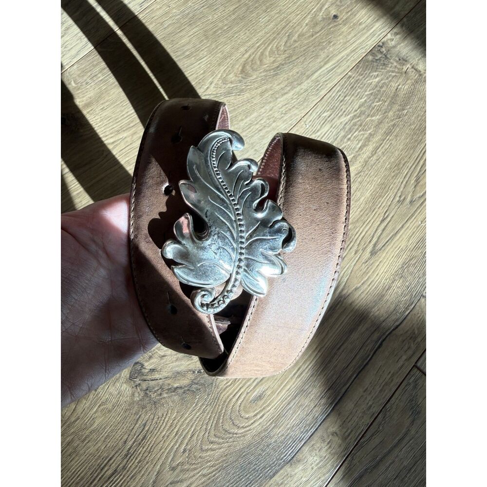 LEATHER L brown western Acanthus Silver leaf belt buckle cowboy Rodeo USA - Picture 4 of 6